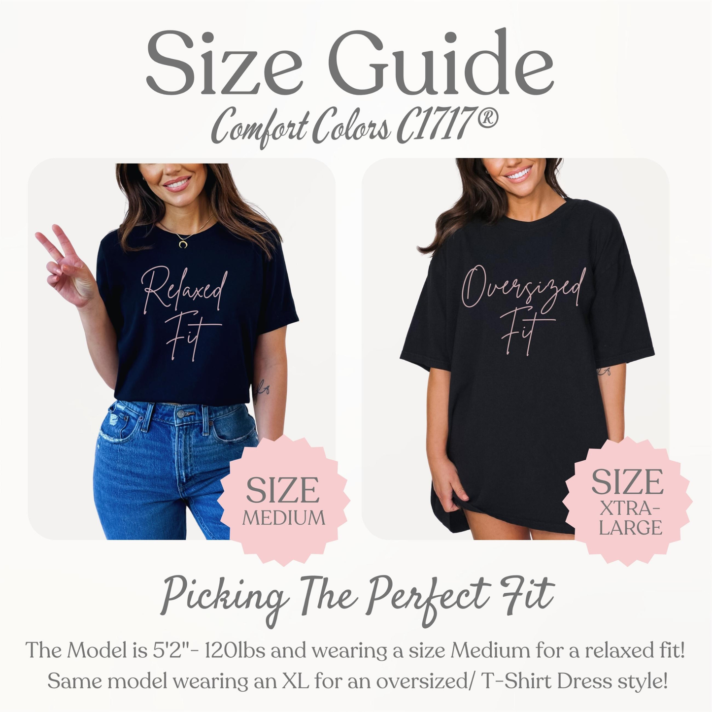 Size guide for black t-shirts with 'Relaxed Fit' and 'Oversized Fit' text, featuring models wearing the shirts.