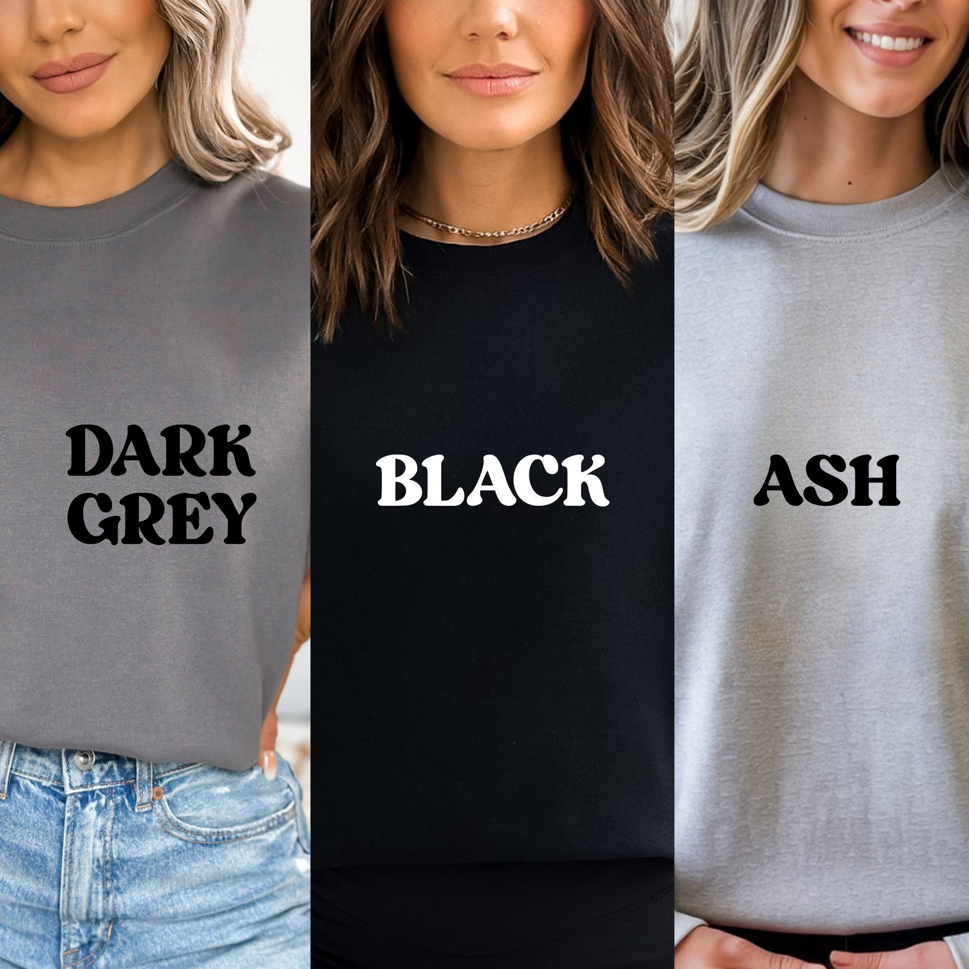 three women wearing different color sweatshirts to show the colors of dark grey, black, and ash crewnecks