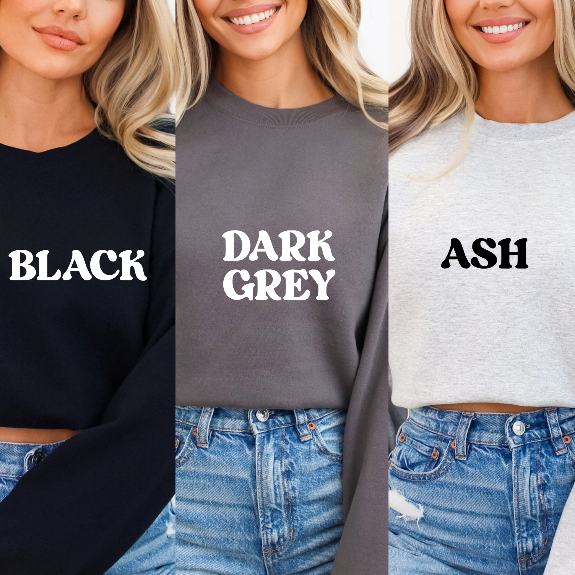 Three women wearing black, dark grey, and ash sweatshirts with color labels.
