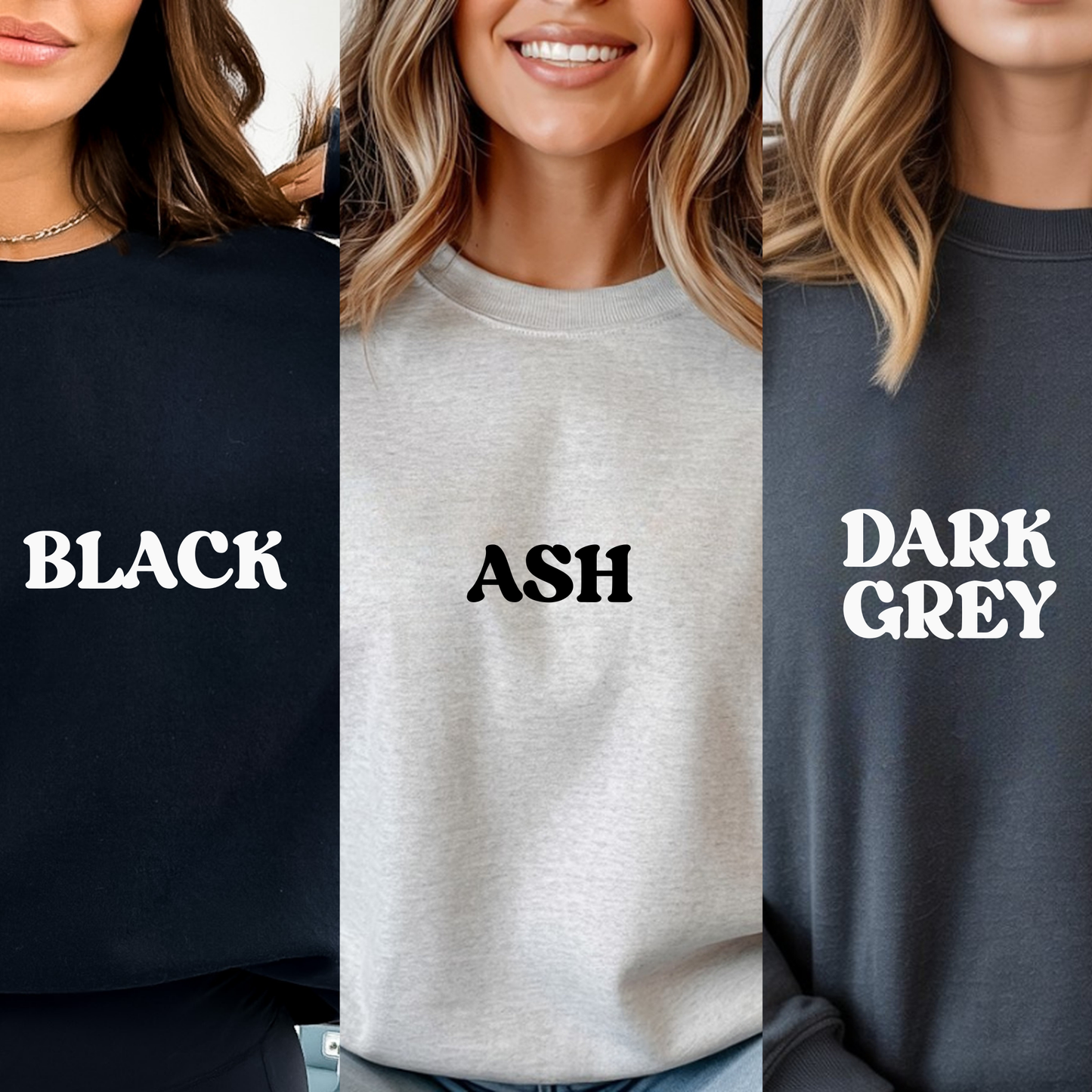 Three shirts in black, ash, and dark grey with text labels on a person wearing each.
