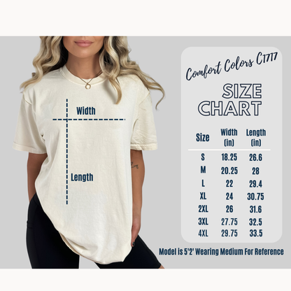 Woman wearing a white t-shirt with a size chart on a gray background