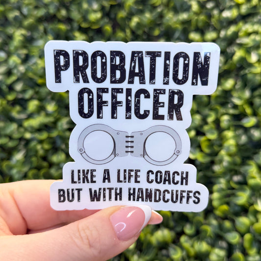 black and white sticker for probation officers on a green background